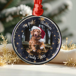 Ornamento De Metal Cão Pet Primeiro Natal Foto Rustic Stars