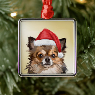 Ornamento De Metal Cãozinho Chihuahua de Natal com chapéu de Papai No