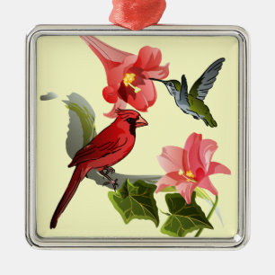 Ornamento De Metal Cardeal e colibri com lírios e a hera cor-de-rosa