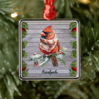 Ornamento De Metal Cardinal de Natal Rústico Adicione seu Nome