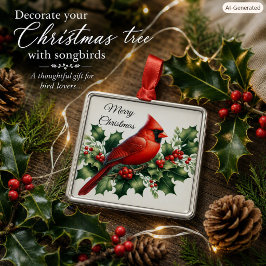 Ornamento De Metal Cardinal Vermelho de Natal e Azevinho