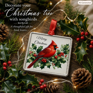 Ornamento De Metal Cardinal Vermelho de Natal e Azevinho
