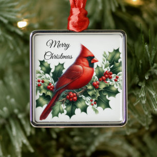 Ornamento De Metal Cardinal Vermelho de Natal e Azevinho