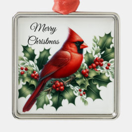 Ornamento De Metal Cardinal Vermelho de Natal e Azevinho