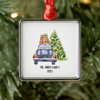 Ornamento De Metal Carro Azul com Presentes de Natal em Cima e Árvore