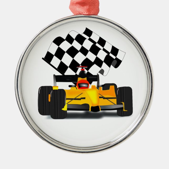 Ornamento De Metal Carro Race Amarelo com Sinalizador Verificado (Frente)
