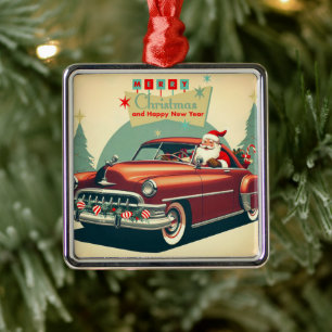 Ornamento De Metal Carro vermelho antigo & Papai Noel