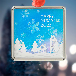 Ornamento De Metal Casa de Neve Azul Branca Feliz Ano Novo 2023