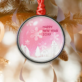 Ornamento De Metal Casa de neve branca cor-de-rosa Feliz Ano Novo