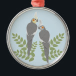 Ornamento De Metal Casal Cockatiel<br><div class="desc">Casal romântico com folhas. cor de fundo personalizável.</div>
