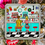 Ornamento De Metal casal de 1950 segurando as mãos no jantar de Natal<br><div class="desc">Christmas ornament. Arte digital desenhada à mão,  casal nostálgico jovem sentado num restaurante com as mãos bebendo milkshake,  jovem e apaixonado.</div>