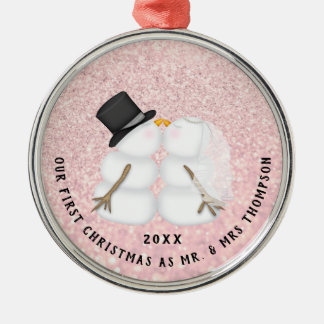 Ornamento De Metal Casal de Neve Rosa Novo Primeiro Natal