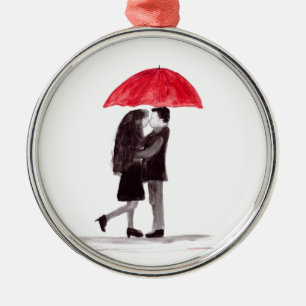 Ornamento De Metal Casal do amor com arte vermelha do guarda-chuva