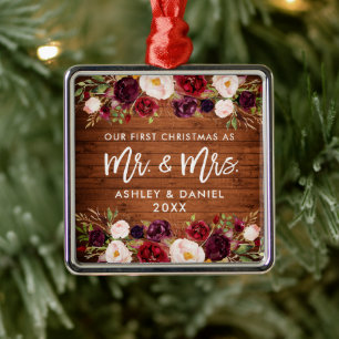 Ornamento De Metal Casamento de Natal Rustic Burgundy Floral