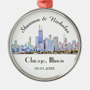 Ornamento De Metal Casamento Skyline Personalizado em Chicago