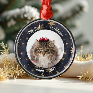 Ornamento De Metal Cat Pet First Christmas Photo Rustic Messy Stars