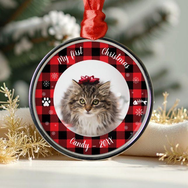 Ornamento De Metal Cat Pet Primeiro Natal Foto Rustic Buffalo Check (Criador carregado)