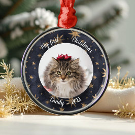 Ornamento De Metal Cat Pet Primeiro Natal Foto Rústica Estrelas Mensa