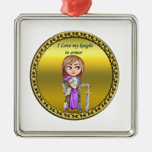 Ornamento De Metal Cavaleiro roxo e prateado em sua armadura e espada (Frente)