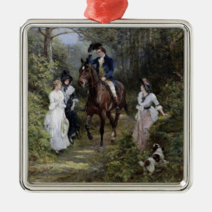 Ornamento De Metal Cavalheiro a Cavalo Encontrando Damas numa Florest