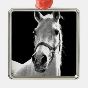 Ornamento De Metal Cavalo Branco Negro Fechado na Noite