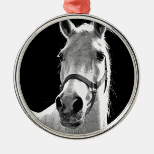 Ornamento De Metal Cavalo Branco Negro Fechado na Noite