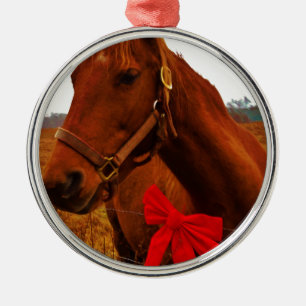 Ornamento De Metal Cavalo com Arco Vermelho