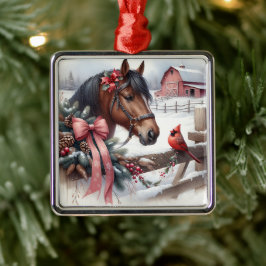 Ornamento De Metal Cavalo de Natal Castanho e Cardeal