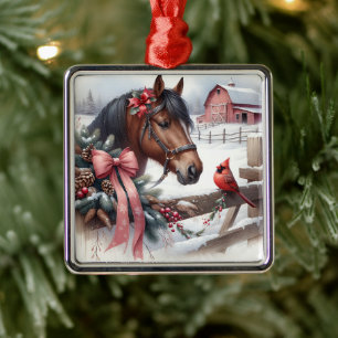 Ornamento De Metal Cavalo de Natal Castanho e Cardeal