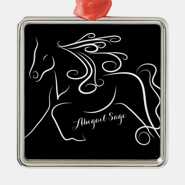 Ornamento De Metal Cavalo de Silhueta Branco Preto Personalizado (Frente)