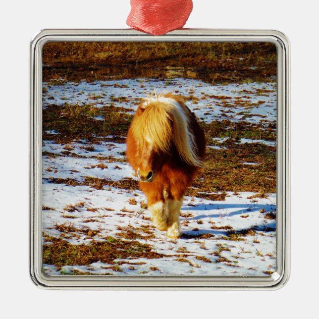 Ornamento De Metal Cavalo marrom e minúsculo creme na neve. (Frente)