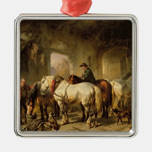 Ornamento De Metal Cavalos que alimentam no estábulo (Frente)