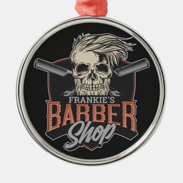 Ornamento De Metal Caveira e Navalhas do Hipster de Barber Personaliz (Frente)