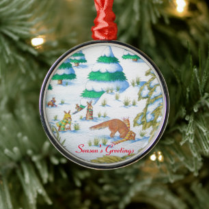 Ornamento De Metal cena bonito da neve da raposa e do Natal dos