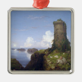 Ornamento De Metal Cena Costeira Italiana com Torre Arruinada