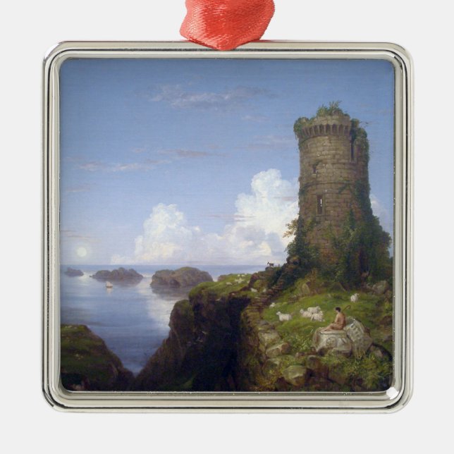 Ornamento De Metal Cena Costeira Italiana com Torre Arruinada (Frente)