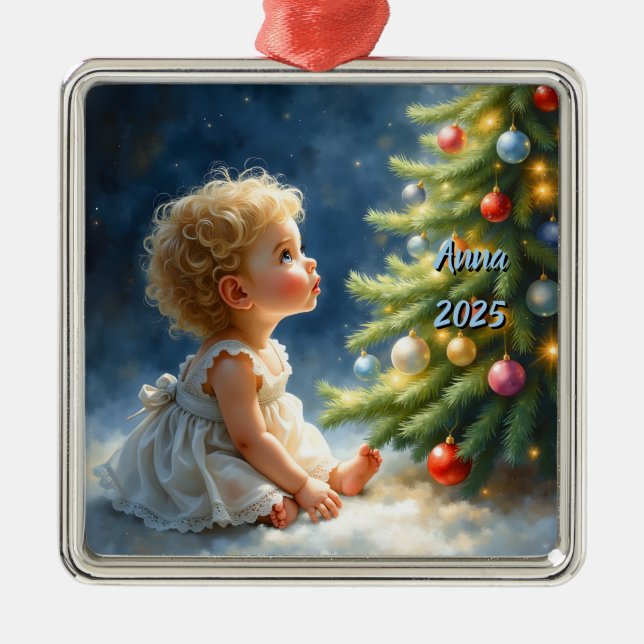 Ornamento De Metal Cena da árvore na noite de Natal  (Frente)
