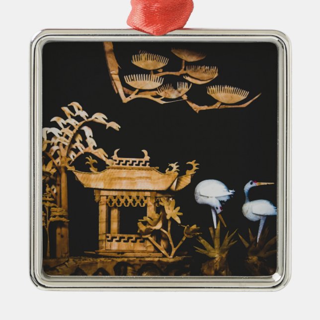 Ornamento De Metal Cena da Natureza com Pagode Chinesa e Grous (Frente)
