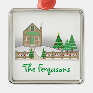 Ornamento De Metal Cena da neve de luzes da cabana rústica de madeira