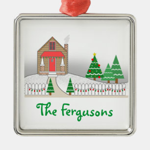 Ornamento De Metal Cena da neve de luzes da cabana rústica de madeira