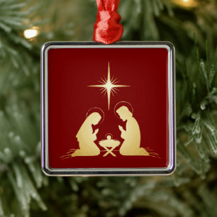 Ornamento De Metal Cena de Natal em Ouro Elegante Cristão Moderno