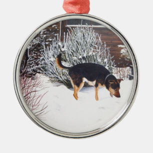 Ornamento De Metal Cena de neve de inverno com preto giro e cão bronz