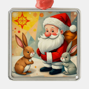 Ornamento De Metal Cena Festiva do Papai Noel com Coelhinhos Adorávei