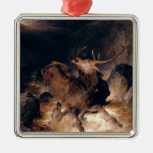 Ornamento De Metal Cervos e Cães de Caça numa Torrente de Montanha
