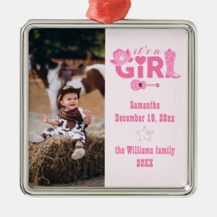 Ornamento De Metal Chá de Bebê de Cowgirl Ocidental É uma Menina Xadr