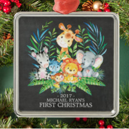 Ornamento De Metal Chalkboard Jungle Baby's First Christmas Ornament