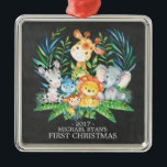 Ornamento De Metal Chalkboard Jungle Baby's First Christmas Ornament<br><div class="desc">Bons animais de safari para meninos ou meninas no primeiro Natal. Nossa linda cena da selva apresenta uma girafa,  macaco,  elefante,  zebra,  hippo e leão. Itens correspondentes disponíveis em nosso compro.</div>