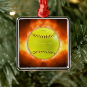 Ornamento De Metal Chamas de bola de fogo de softball amarelo do Slip