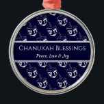 Ornamento De Metal CHANUKAH BLESSINGS Customized | Dreidel GRAY<br><div class="desc">Stylish, elegant ornament for your HANUKKAH decor. Design shows a SILVER GRAY dreidel print in a tiled pattern with customizable placeholder text which you can replace with your own choice of greeting and text. The color scheme is midnight blue and SILVER GRAY. Other versions are available. Matching items can be...</div>