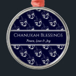 Ornamento De Metal CHANUKAH BLESSINGS Customized | Dreidel GRAY<br><div class="desc">Stylish, elegant ornament for your HANUKKAH decor. Design shows a SILVER GRAY dreidel print in a tiled pattern with customizable placeholder text which you can replace with your own choice of greeting and text. The color scheme is midnight blue and SILVER GRAY. Other versions are available. Matching items can be...</div>